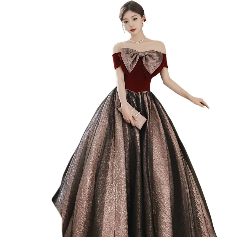 2025 New Women's Summer One Shoulder Wine Red Wedding Evening Dress Fashion Engagement Bow Decoration Grand Banquet Long Dress