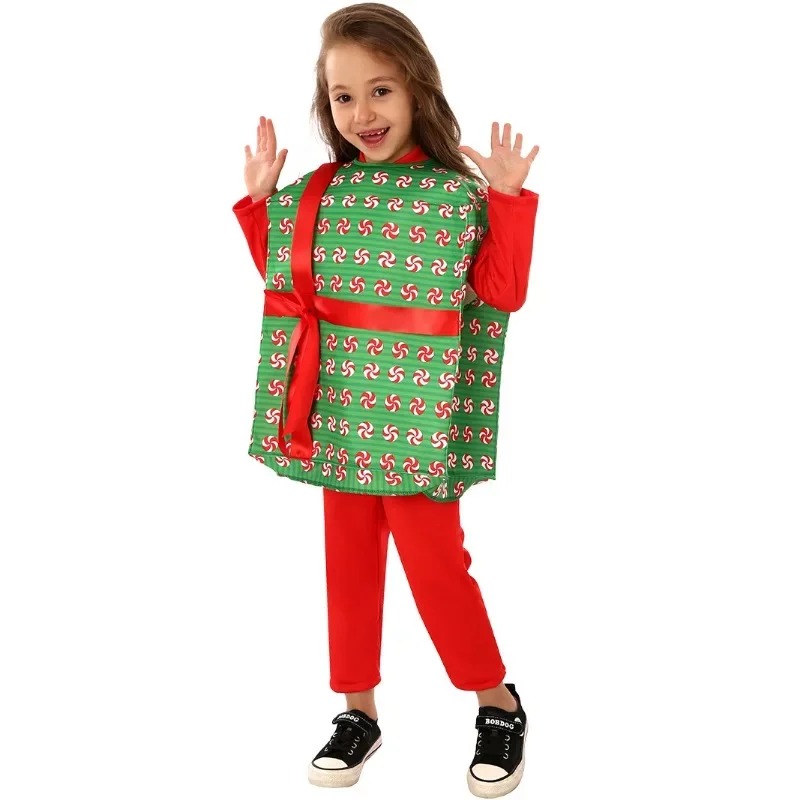 New Year Christmas Children's Costumes Santa Gift Box Boys Girls Costumes Christmas Dress Up Party Holiday Performance Costumes view 3
