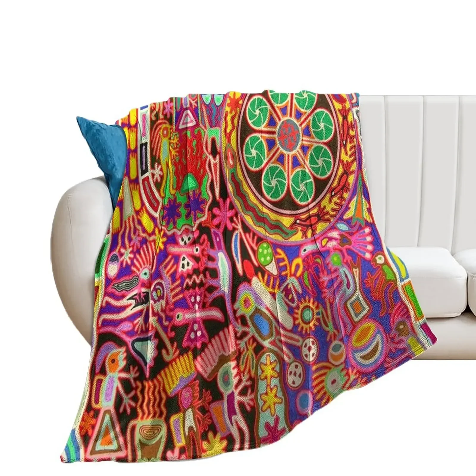 Mexican Colorful Huichol | Mexican Blanket Design | Large Cozy King Size | Vintage Folk Art - Throw Blanket Designers Blankets