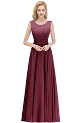 Women's Lace A Line Chiffon Evening Dresses Pleated Sash Long Burgundy Formal Prom Gowns For Party Gala Cocktail Wedding