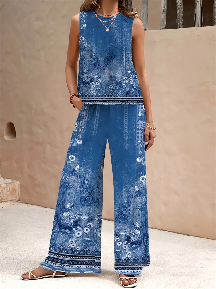 Ensemble 2 pièces haut à col rond sans manches et pantalon Long décontracté, imprimé Floral frais en 3D, mode de rue urbaine, été