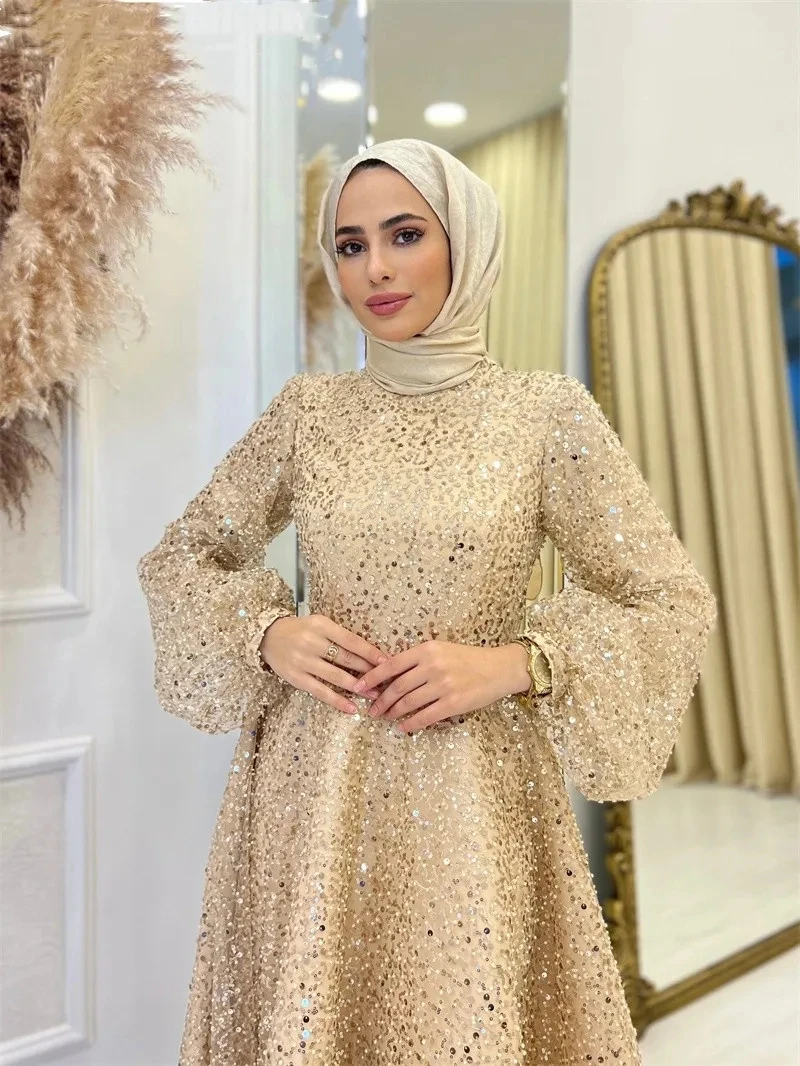 Champagne Muslim Prom Dresses Sequins Long Sleeves Islamic Formal Party Gown High Neck Arabic Dubai فساتين سهره سعوديه Plus Size