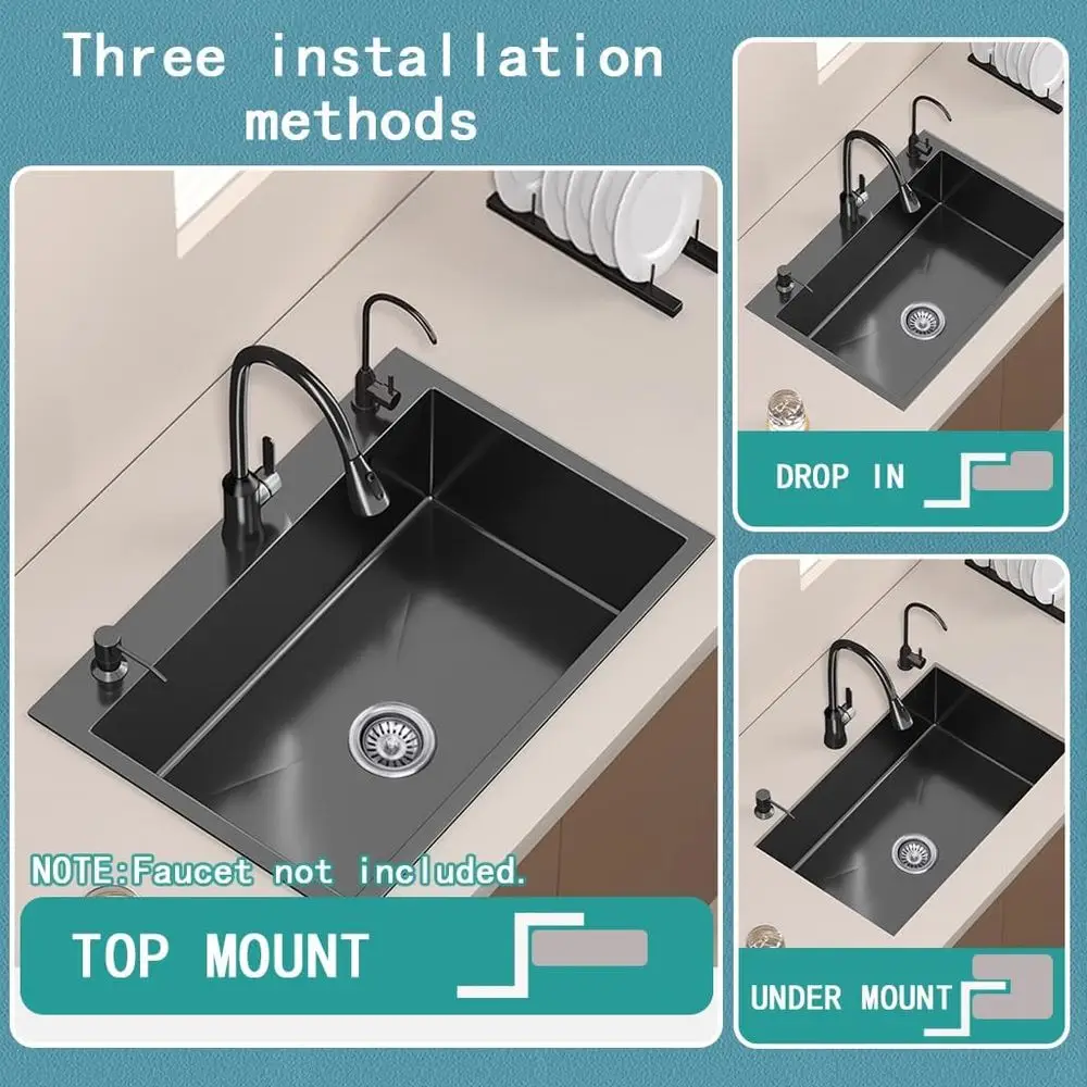 อ่างล้างจานแบบดรอปอินสีดำพร้อมที่จ่ายสบู่และตะกร้าระบายน้ำ ขนาด 19.7x17.7x7.9 นิ้ว