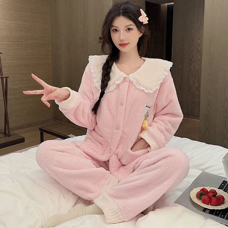 

M-2XL Womens Coral Fleece 2Pcs/set Pajamas Princess Winter Students Dormitory Home Wear Padded Thickened Warm Loungewear Outfits