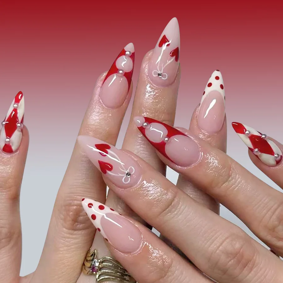 24 pièces amande oeil de chat presse sur ongles doux mignon rouge cerise perle amour arc 3D conception française haute qualité faux ongles pour les filles chaudes