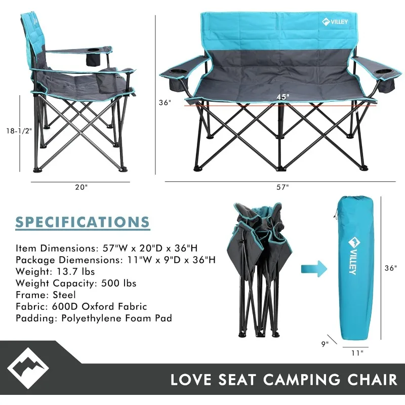 VILLEY Double Camping Chair, Extra Wide Loveseat, Heavy Duty Padded Camping Couch, Portable Folding Camp Chair w/Carry