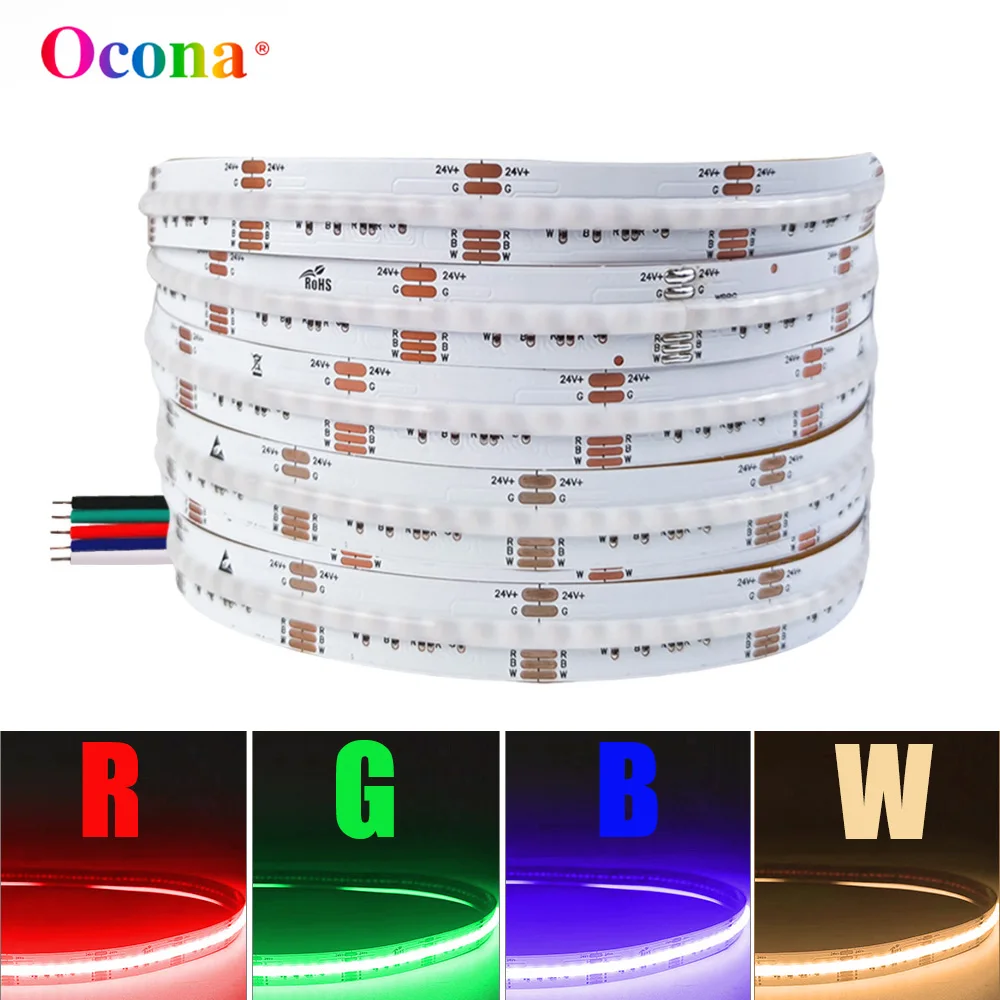 OCONA-COB RGBW flexível LED Strip Lights, fita de fita, TV Backlight, alto CRI, R90, RGB + 3000K, branco quente, 840LED/m, 24V, 12mm