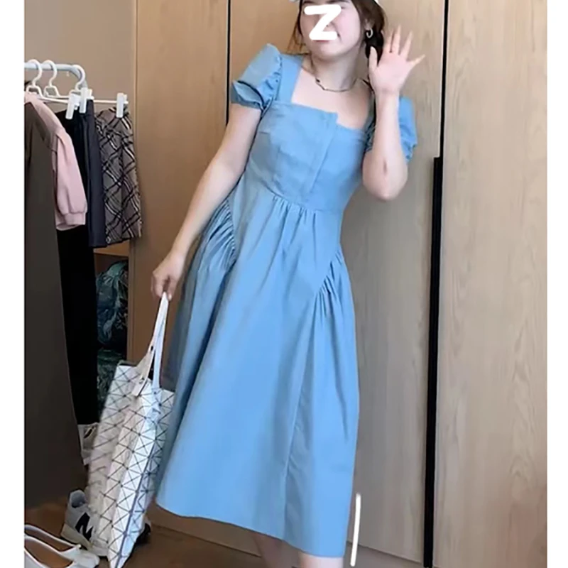 

2022 Female Summer Temperament Thin Fairy Skirt Square Neck Irregular Bubble Sleeve Dress Solid Color Dress Women's Dress