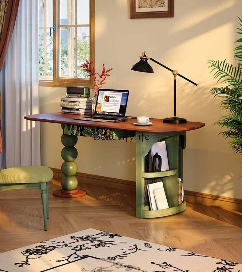 

yj5 **Hole board integrated desk antique solid wood with drawers French retro shelf computer desk