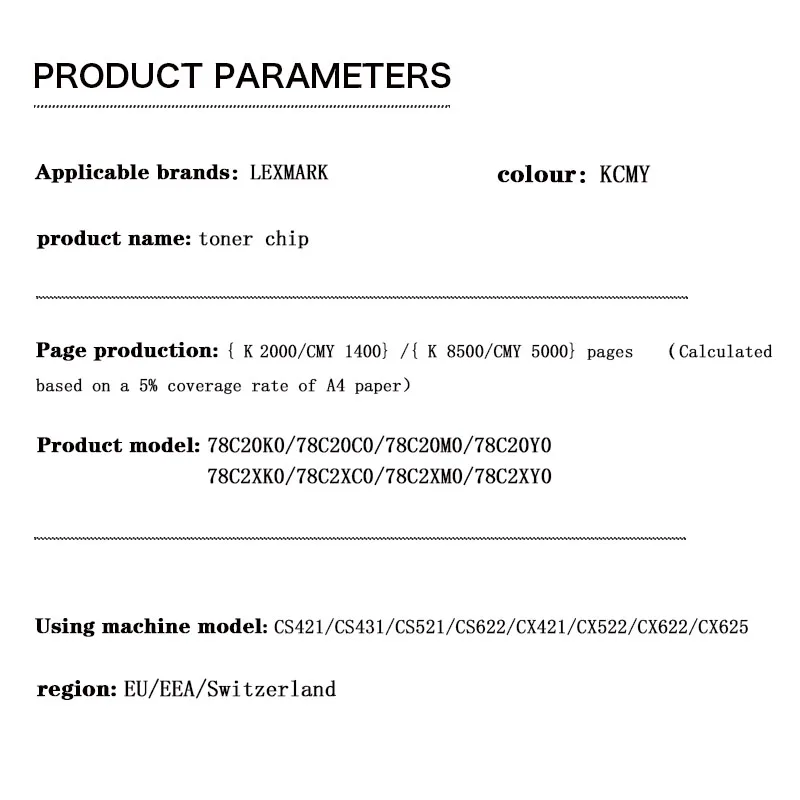 78C20K0 78C20C0 78C20M0 78C20Y0 2K EU/EEA/Switzerland  toner Chip  for LEXMARK CS421/CS431/CS521/CS622/CX421/CX522/CX622/CX625