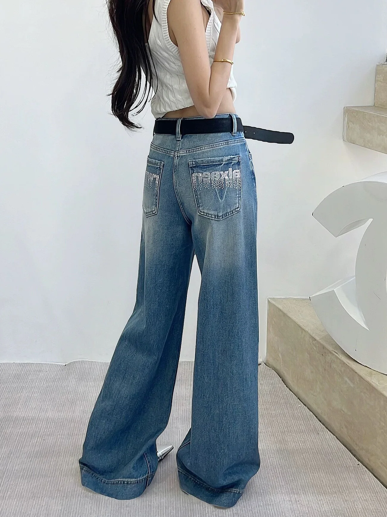 

Women's High Waist Straight Leg Jeans Glitter Rhinestones Lightweight Loose Fit Bell Bottoms American Style Cotton Spring Season