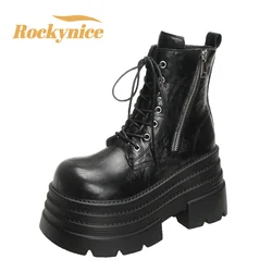 Women Boots New Winter Motorcycle Boots 10CM Wedge Heels High Platform Leather Chunky Shoes Woman Autumn Thick Sole Punk Boots