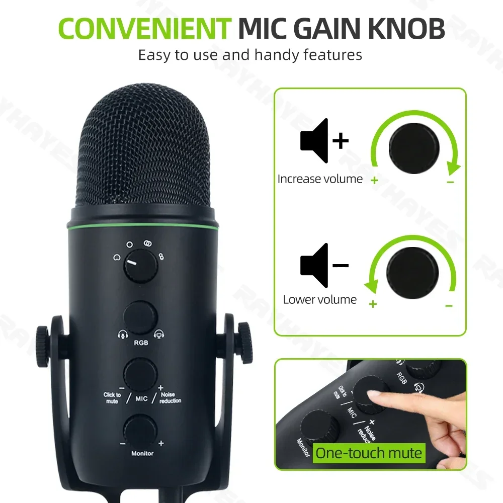 RAYHAYES JI-M2S USB Condensateur Gaming Microphone Live Streaming Mic Gain Bouton Pour PC Ordinateur Portable Vidéo Statique