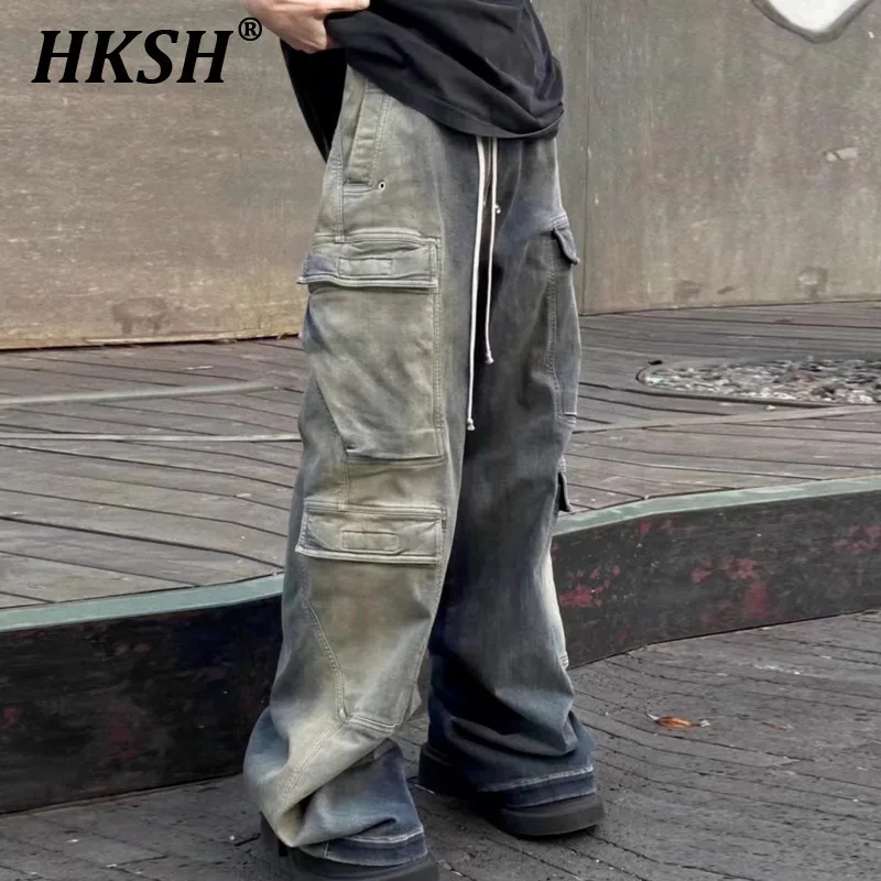 HKSH Men's Tide Streetwear Denim Pants Safari Style Women's Urban RO Unisex Wide Leg Multi Pockets Gradient Jeans Trendy HK2488