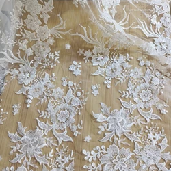 130CM Wide Flower Lace for Gown Ivory Bridal Lace Fabric by the Yard Apparel Lace Wedding Fabric Embroideries with Sequins 2024