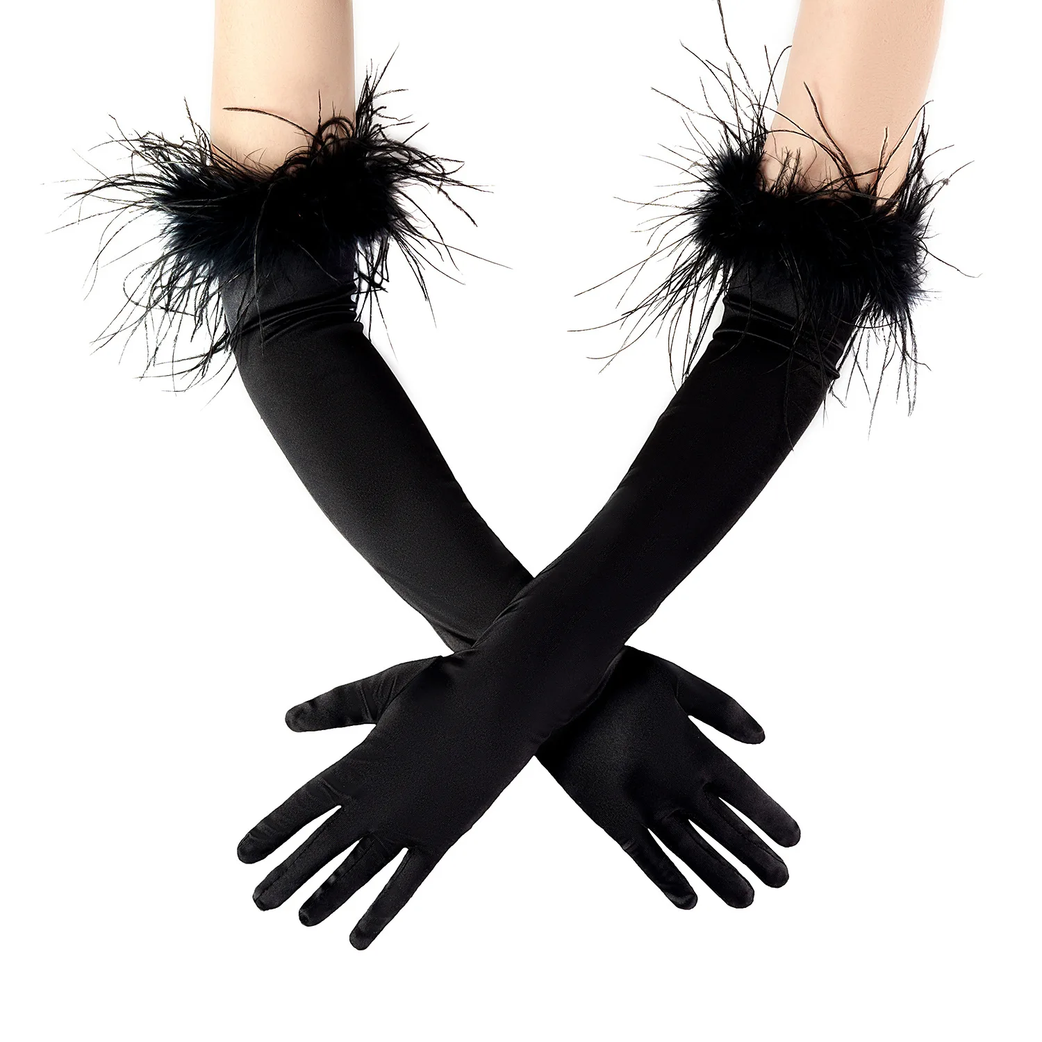 

LaSally Women's Long Satin Opera Gloves Pageant Feather 1920s Vintage Fashion Elbow Glove for Halloween Costume Evening Party