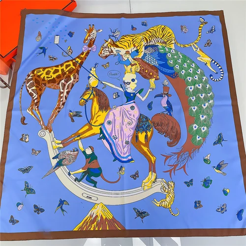 Imagen 2 del producto Bufanda de seda enrollada a mano de 90cm para mujer, pañuelos cuadrados con pintura de animales, Bandana, Hijab, Foulards de seda, corbata, diadema, pañuelo