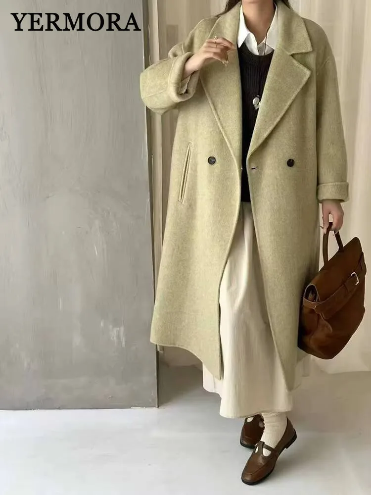 

YERMORA Black Buckle Thick Casual Woolen Coat For Women Lapel Long Sleeve Loose New Overcoat Fashion Tide Autumn Winter 2025