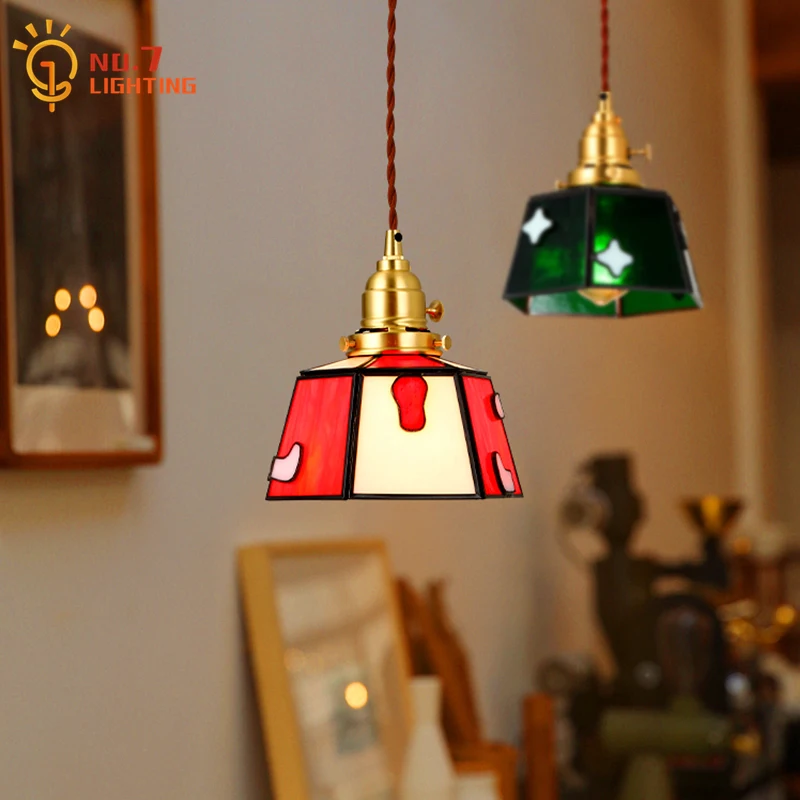 

Japanese Design Retro Vintage Colorful Glass Copper Pendant Lights Led E27 Hanging Lamp Living Room Bedroom Bedside Restaurant