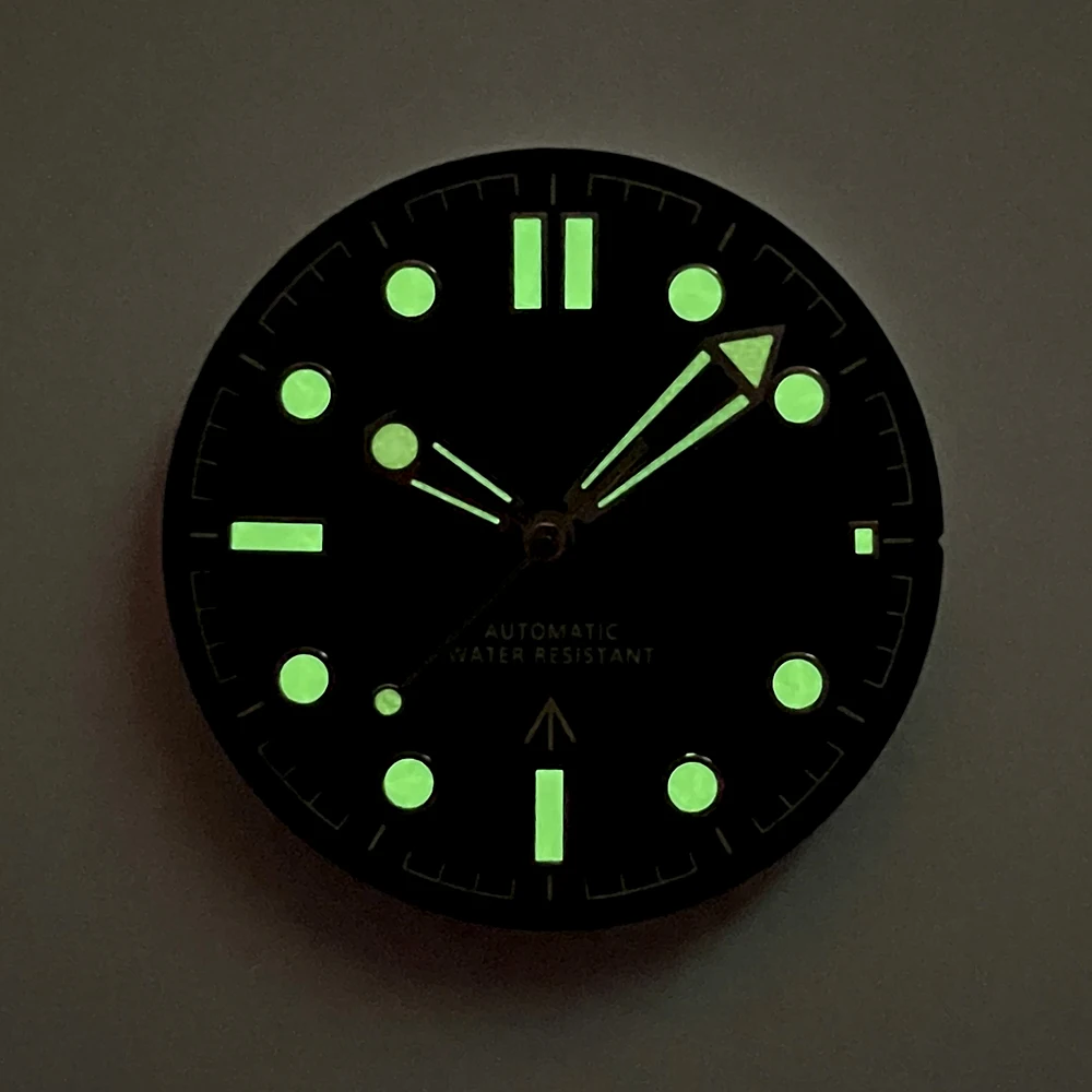 قرص ساعة معقم باللون الأسود مقاس 31 ملم لحركة MIYOTA8215 مع Green Lume – مستوحى من 007 الجديد بدون وقت للموت