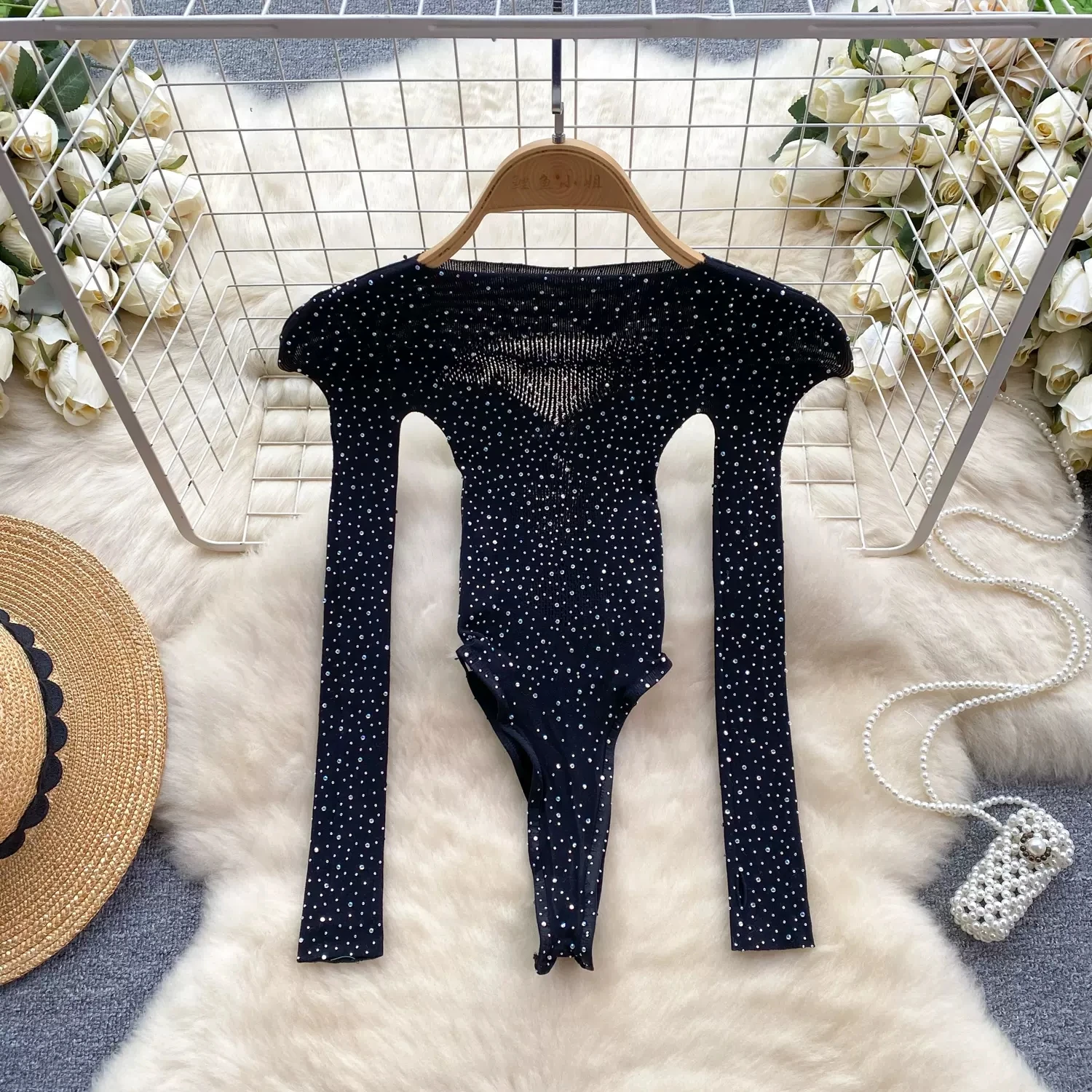 

Women Summer Sexy Playsuits Light LuxuryDiamond Hollow-back Stretch Slim Long-sleeved Rompers