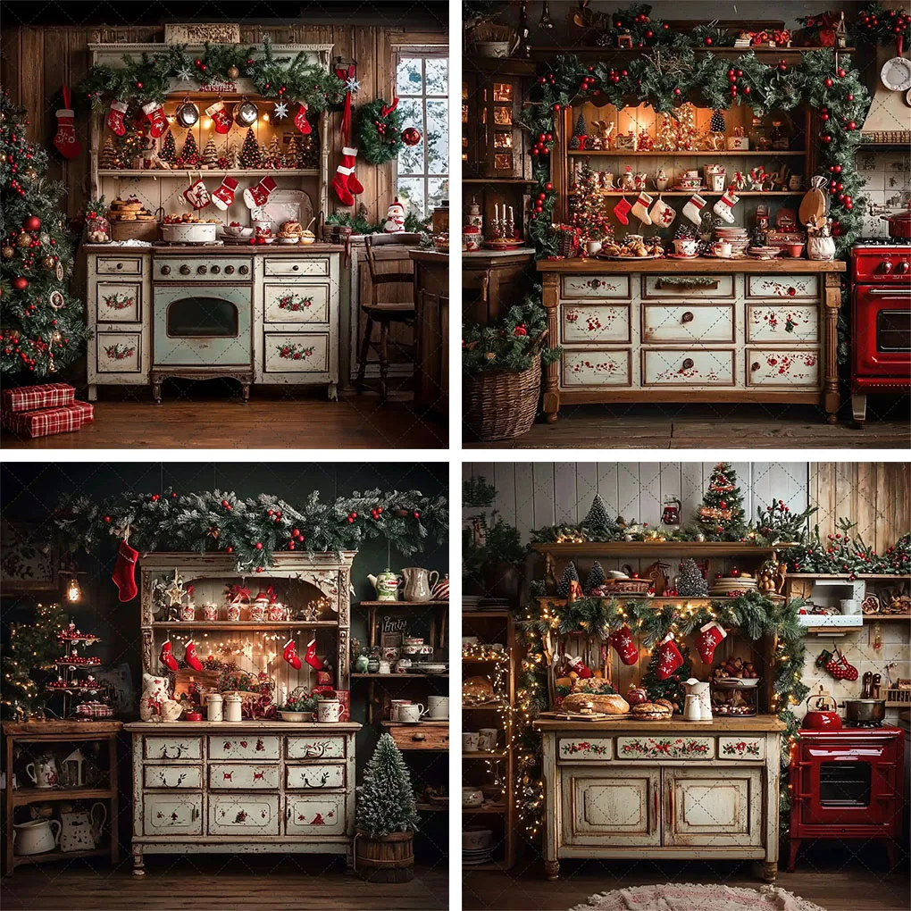 

Mehofond Xmas Vintage Kitchen Photography Backdrop Family Festival Party Wooden Antique Cabinet Baking Cookies Decor Background