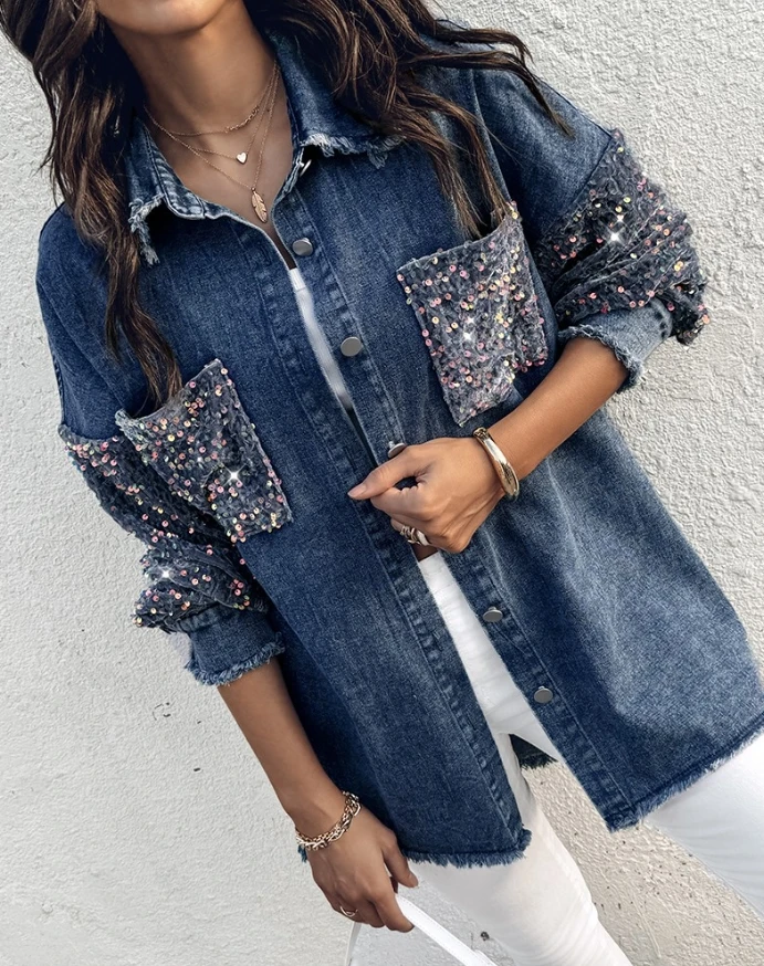 Flip collar contrast sequin long sleeved tassel hem denim jacket women's fashionable casual jacket autumn and winter new style