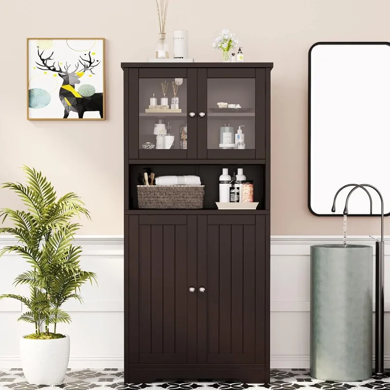 Irontar Bathroom Cabinet, Bathroom Floor Cabinet with Open Shelf, Large Display Cabinet with Doors, Kitchen Cupboard