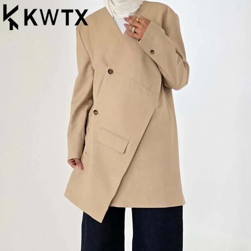 

KWTX 2025 Spring Summer Women's Designer Oversized Blazer Vintage Elegant Asymmetric Zipper Solid Color High Quality