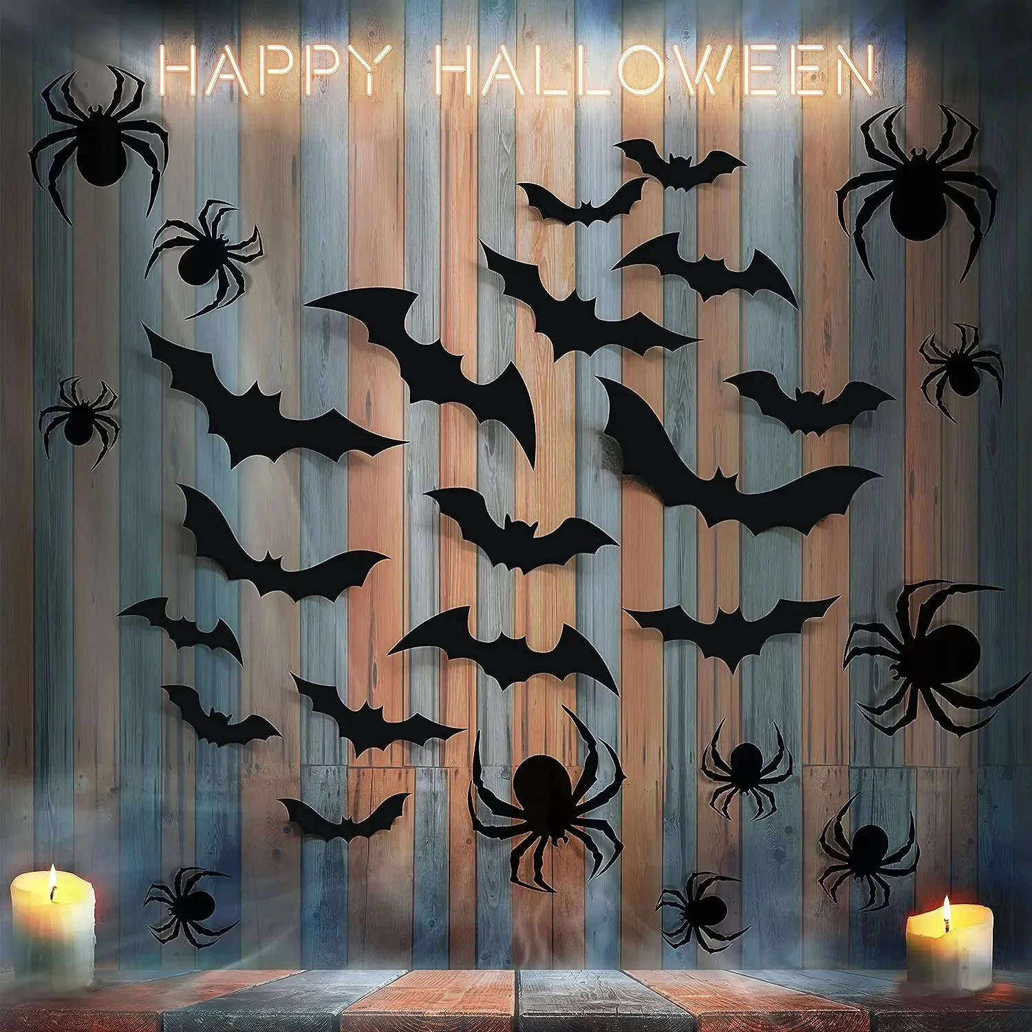 3D Schwarze PVC Fledermaus- und Spinnen-Wandaufkleber, Gruselige Halloween-Dekorationen, Party-Requisiten, DIY Heim- und Bar-Deko, Spukhafte Ornamente – Detail 4