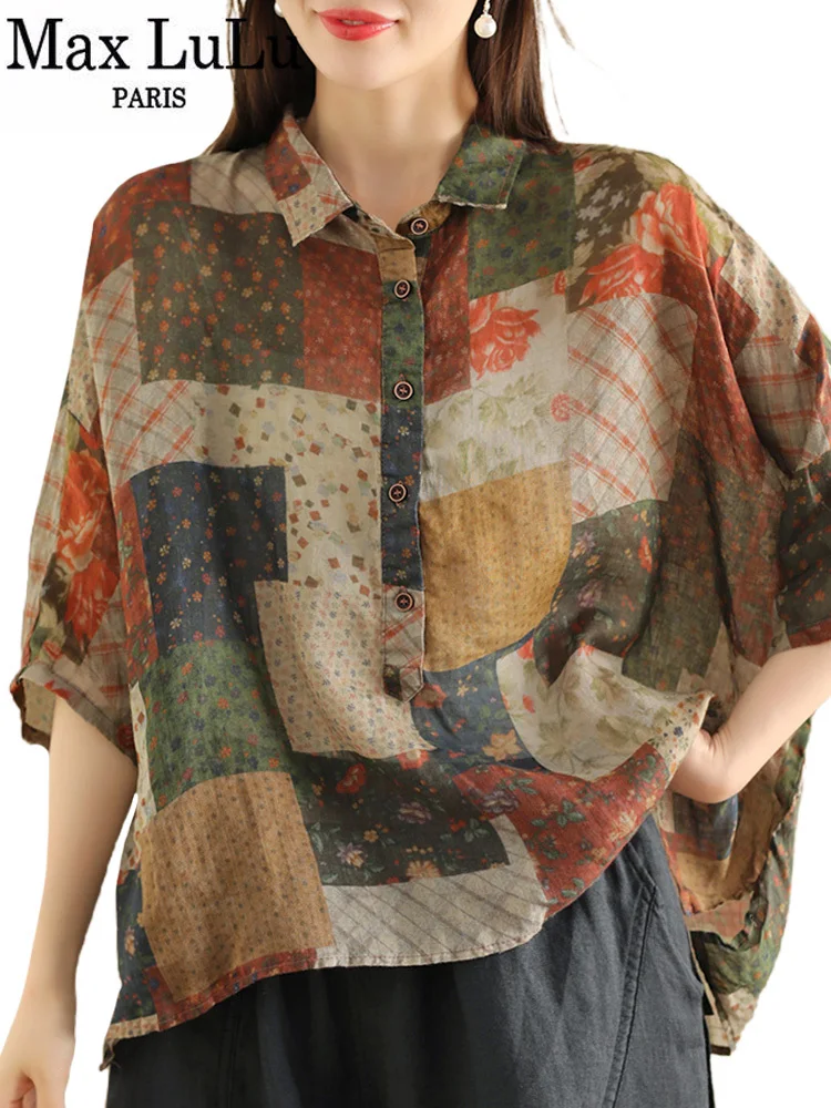 Max LuLu 2024 Korean Summer Women Fashion Linen Shirts Loose Printed Casual Chiffon Blouses Ladies Classic Vintage Big Size Tops