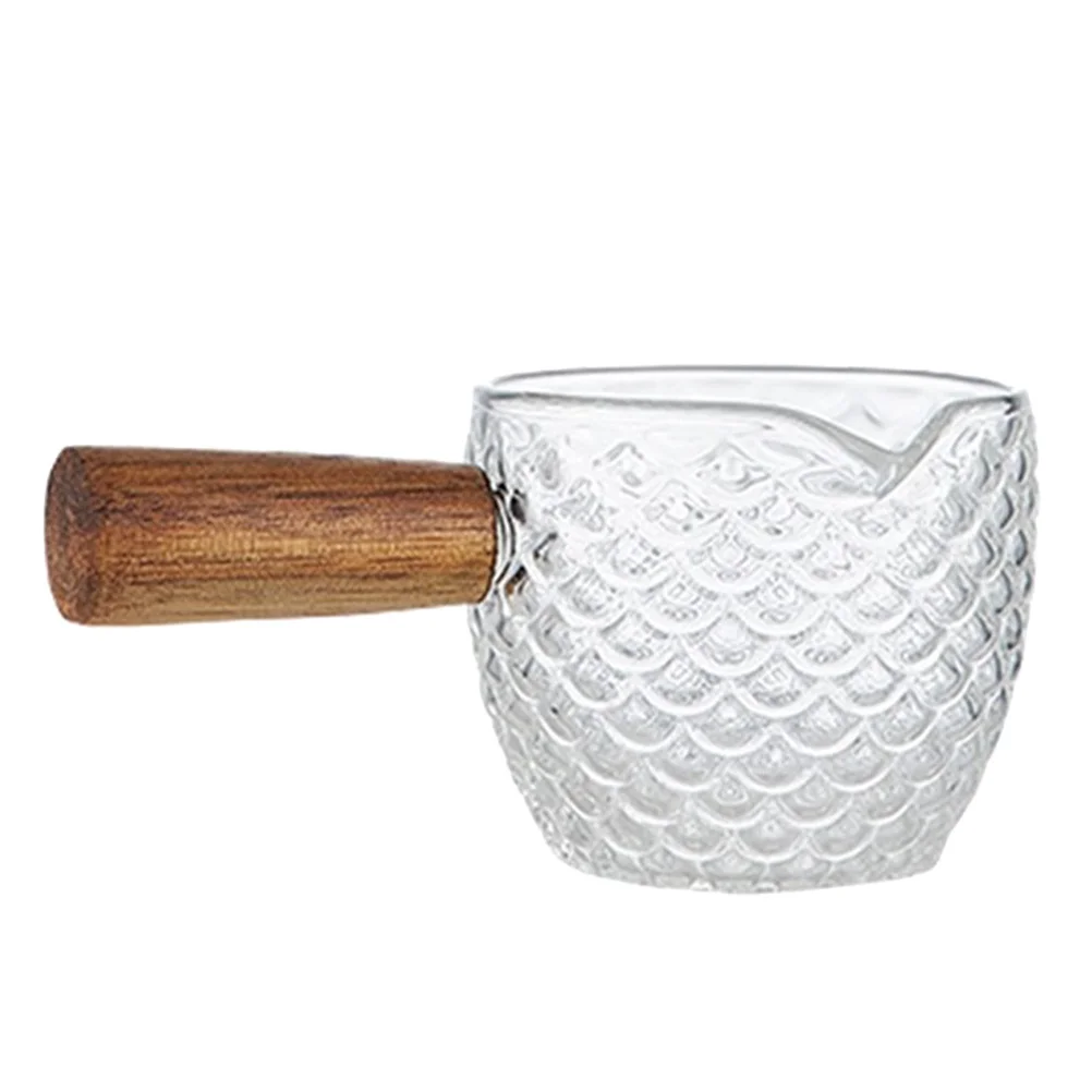 

Glass Milk Pitcher Wooden Handle Clear Latte Cup For Coffee Bar Home Kitchen Use Multi-Use Creamer Syrup Container