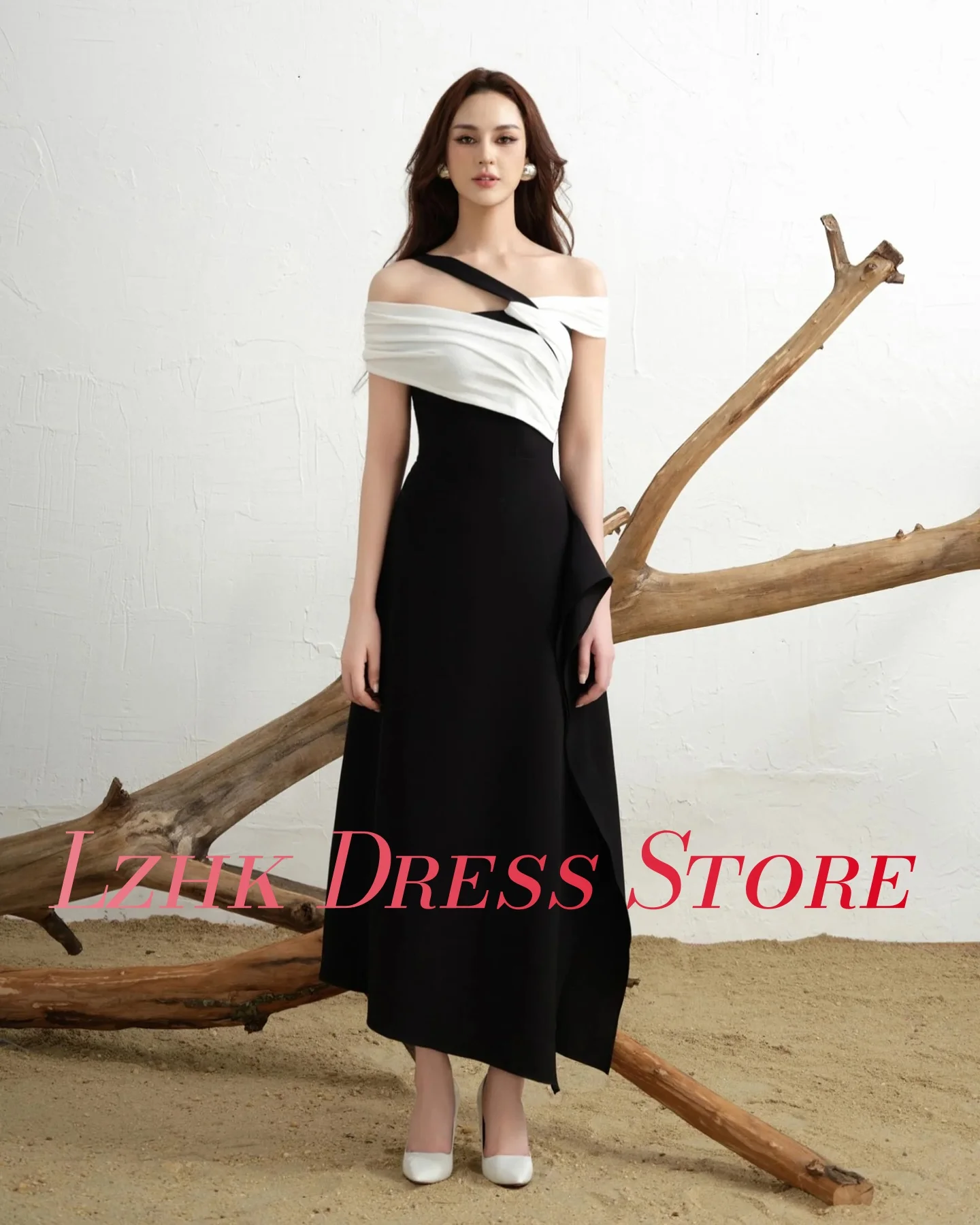 Maßgeschneidertes, anmutiges, schulterfreies Jersey-Abendkleid in A-Linie, Temperament, kurze Ärmel, knöchellang, Kleider für besondere Anlässe