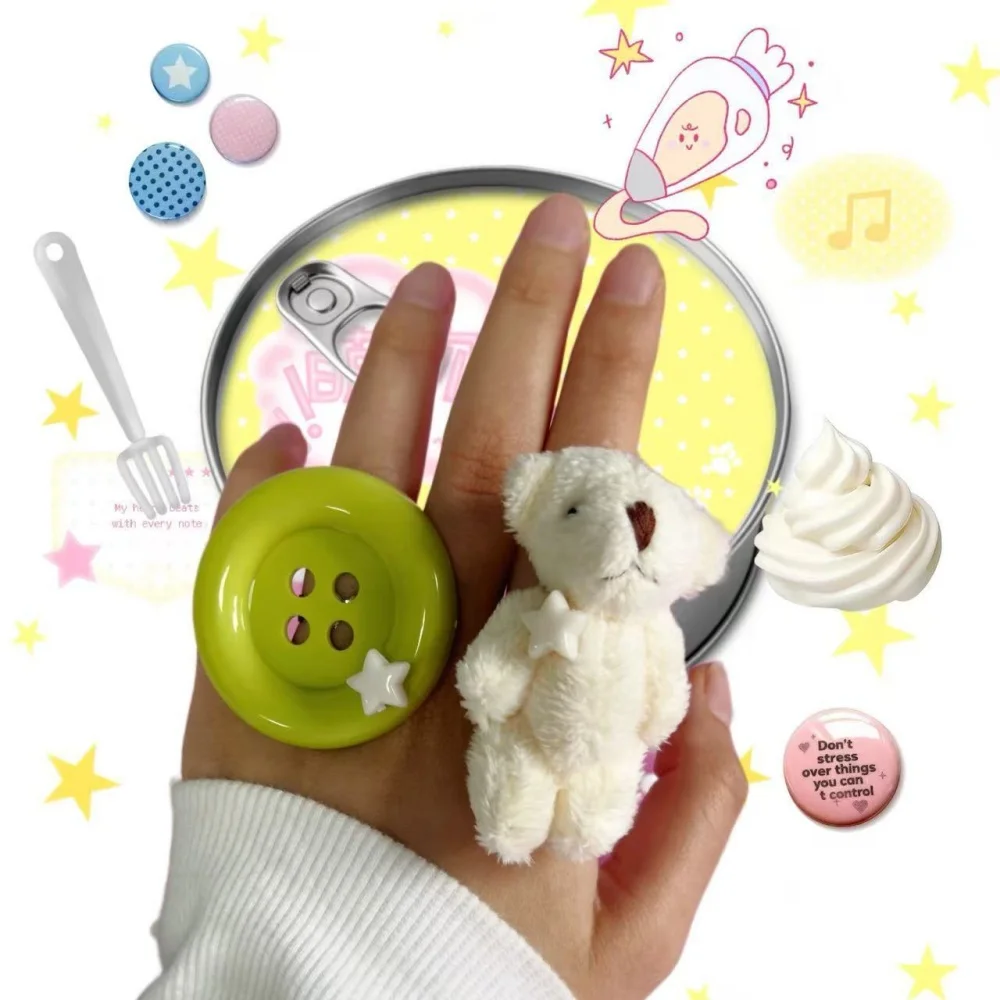 Lolita Pastel Plush Bear Button Finger Ring Kawaii Star Decor Adjustable Ring Sweet Y2K Harajuku Cute Statement Jewelry
