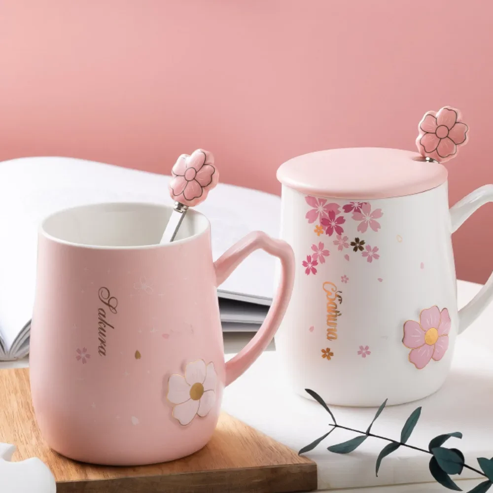 Relief Cherry Blossom Ceramic Mug With Lid Spoon Heat-resistant Mugs Milk Coffee Cup Couple Tea Juice Cups Drinkware