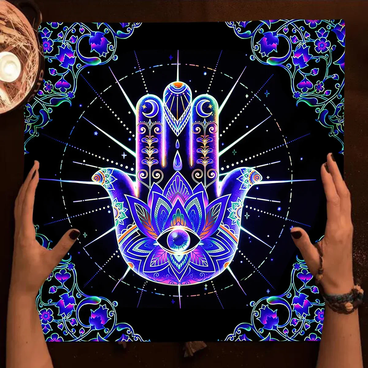 Mystical Astrology Tarot Tablecloth Blue Mandala Hand Witch Altar Cloth for Tarot Reading Witchcraft Home Decor Ritual Mat Altar