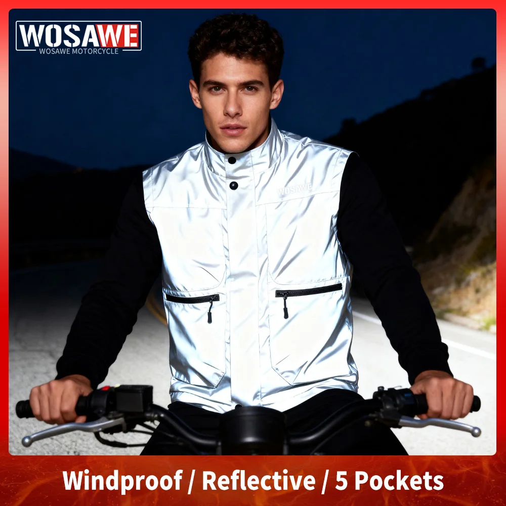 

WOSAWE Motorcycle Reflective Vest Motocross Travel Night Fluorescent Vest Off-Road Racing Safty Waistcoat Multiple Pockets Gilet