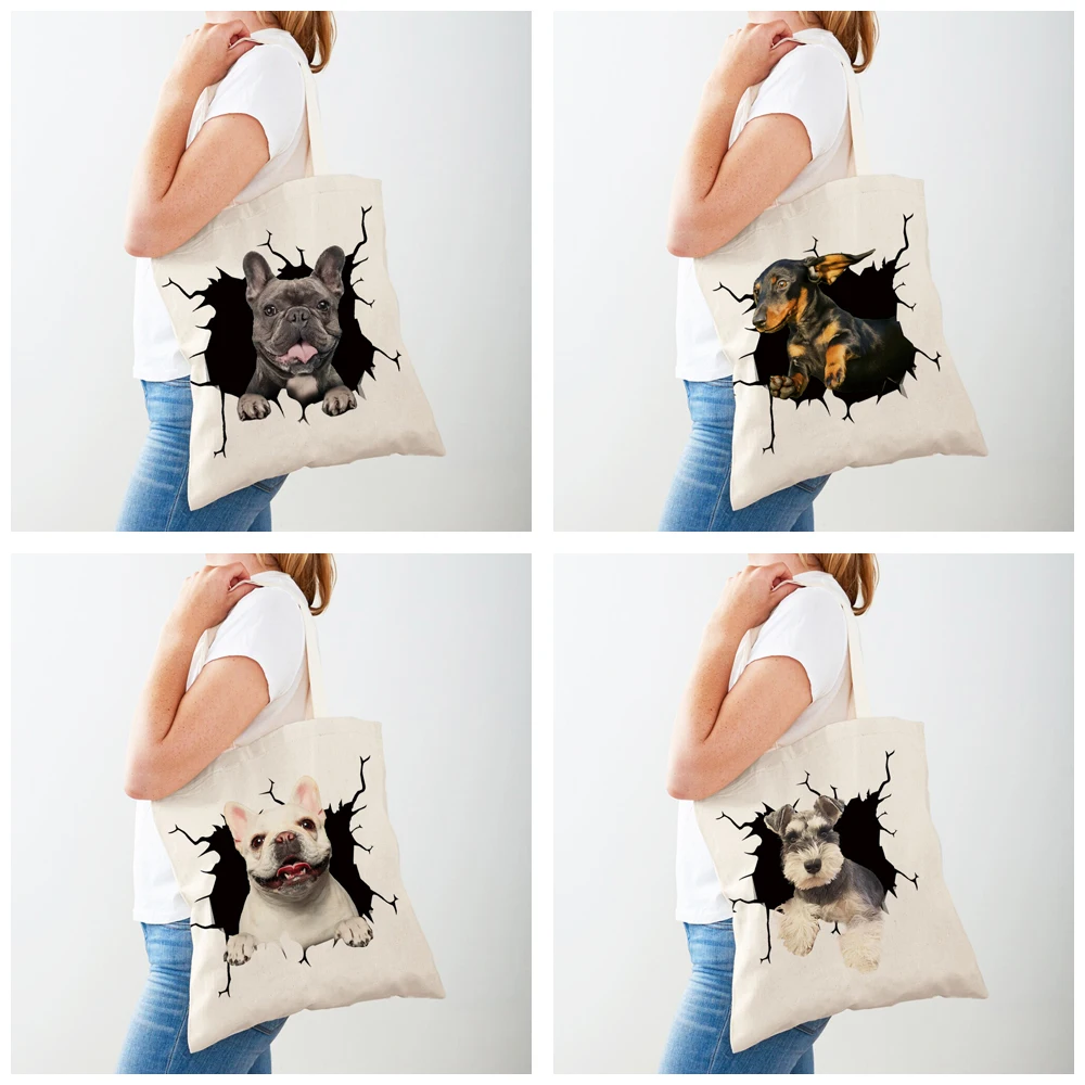 3D รูปแบบสุนัขการ์ตูนผู้หญิงกระเป๋านักช้อป Lady Canvas Tote กระเป๋าถือแบบใช้ซ้ําได้คู่ด้านข้างสัตว์เลี้ยงสัตว์พิมพ์ Casual Shopping Bag