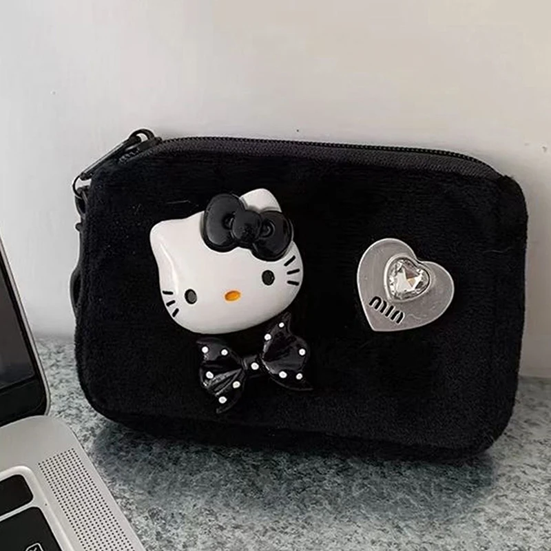 Sanrio Hello Kitty Cute Black Card Bag Plush Coin Purse Cartoon Kawaii Girl Gift Anime Accessories Toys