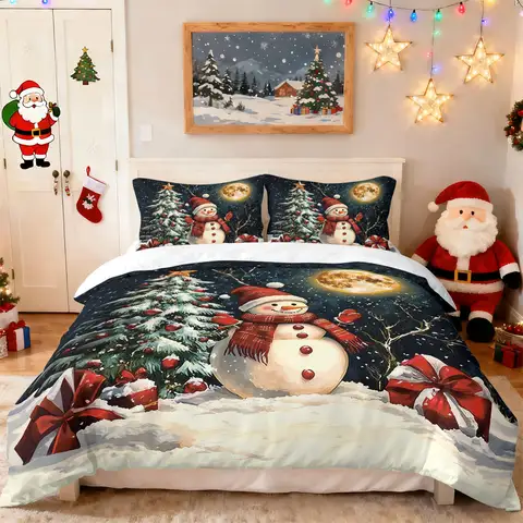 3 pçs natal boneco de neve rena vermelho impressão coreless conjunto edredão multi tamanho quarto cama decoração do feriado macio máquina lavável