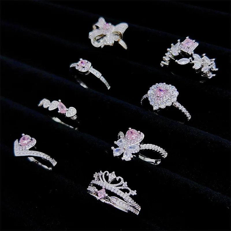 خواتم على شكل فيونكة من الماس بالكامل على الطراز الحلو للنساء من الفضة الطازجة والرائعة عيار 925 مرصعة بالأحجار الكريمة الوردية مجوهرات الخطوبة والزفاف