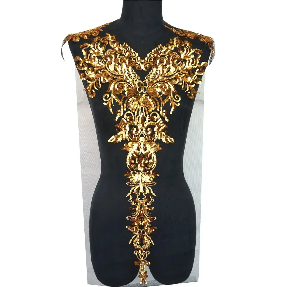 1 Set Gold Sequined Appliques Red Blue Black Mesh Epaulette Embroidery Lace Fabric Wedding Sew On Patch For Dress DIY Decoration