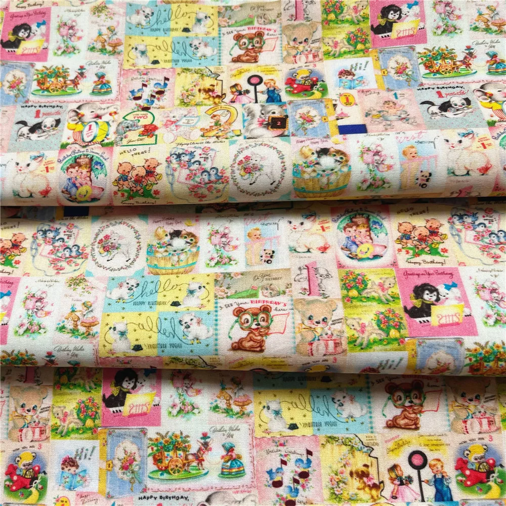 Vintage Showa Animal Card Cotton Fabric Cartoon Cloth Fabrics Sheet Printed Dress Sewing Needlework DIY Crafts Supplies