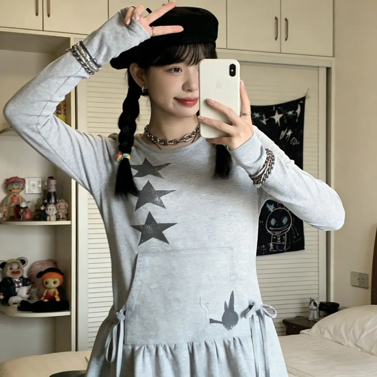 Y2K Aesthetic Women's Sweatshirt Dress Gray Star Rabbit Print Drawstring Ruffle Hem Long Sleeve Casual Dress 2000s E-girls