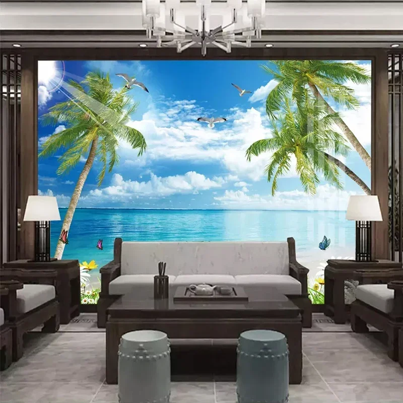フォトウォールペーパー-3d-海辺の風景-自然の景観-壁画-リビングルーム-レストラン-背景壁-ココナッツビーチ-壁紙