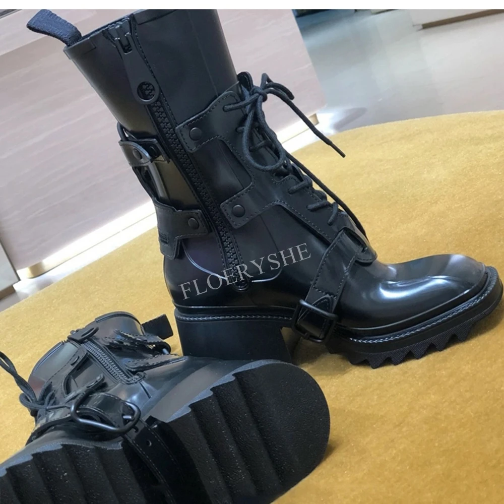 Schwarze Punk Damen Stiefeletten mattes Leder Nachrichten solide quadratische Zehen Seite Reiß verschluss klobige High Heel Party Mode coole Schuhe