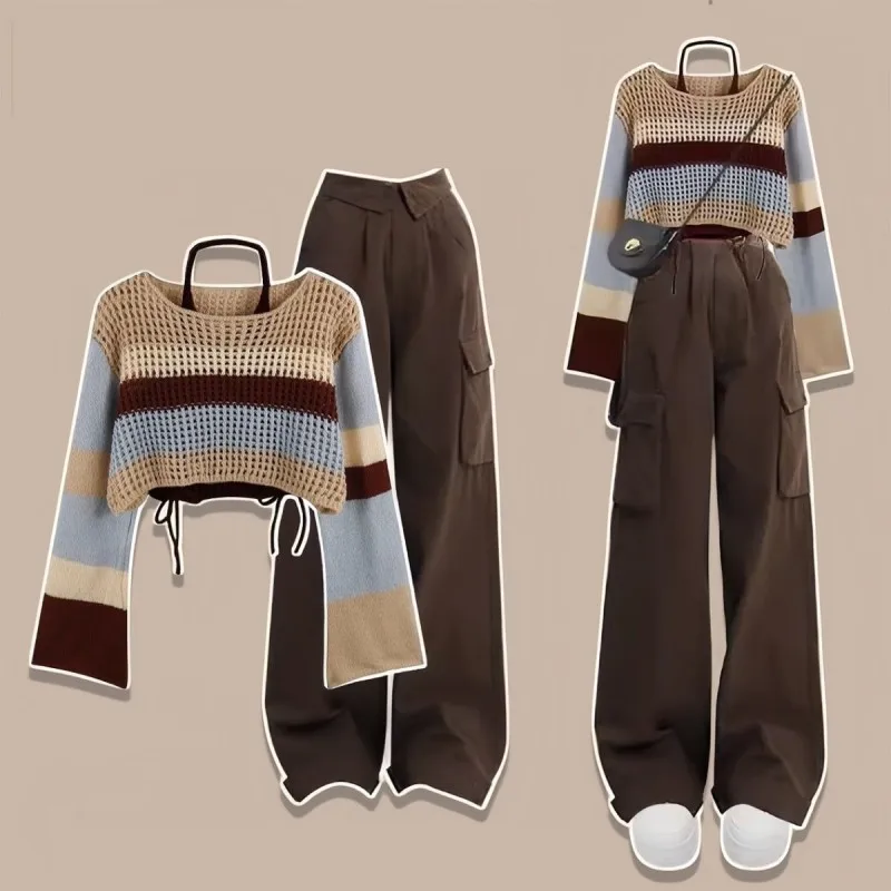 Women\'s Autumn Vintage Hollow Stripe Long Sleeved Knitwear+Strap+Cargo Pants Suit Korean Elegant Sweater Trousers Matching Set