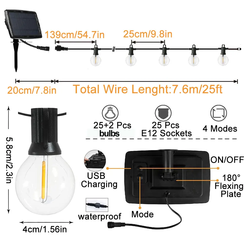 Imagem -03 - Luz Led Solar ao ar Livre G40 String Light Solar Mais Usb Powered Luzes de Suspensão Globo Impermeável com Shatterproof 18ft 25ft 30ft