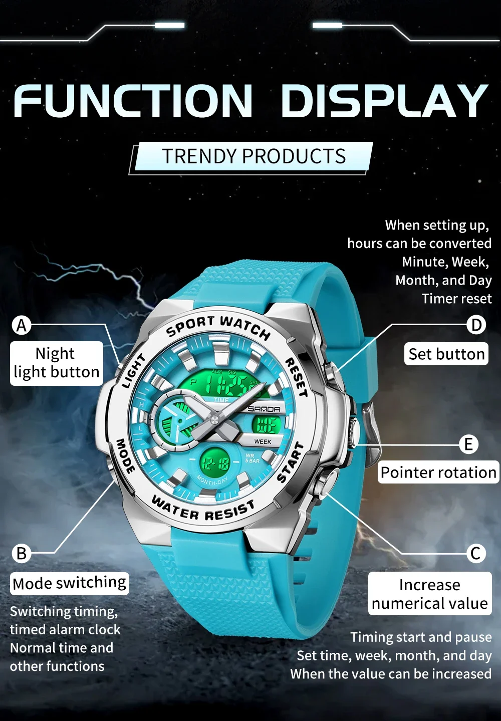 SANDA New 3385 Fashion Student Electronic Watch Multi functional Waterproof Luminous LED Student Electronic Watch Alarm Clock