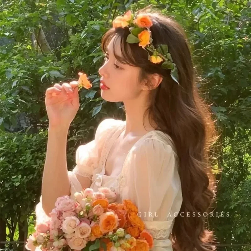 

Girl Flower Wreaths Garland Crown Diadem Wedding Baroque Hairband Hair Flower Crown Bridal Headband Fairy Princess Hair Tiaras